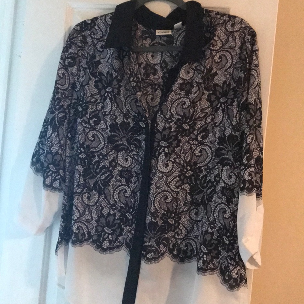 Black and white lace-look blouse